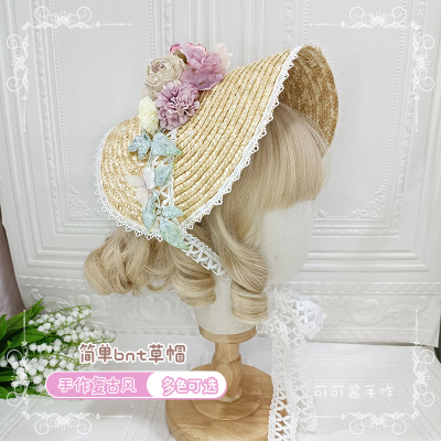 taobao agent Original hand -made lolita straw hat flat hat new ancient style French Vintage gorgeous elegant Ponte bnt hat