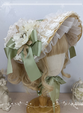 手作多色 洛丽塔帽子波奈特扁帽 田园风lolita草帽BNT 古风礼帽夏