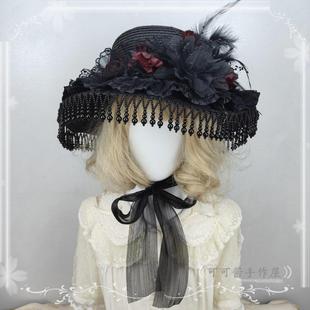 原创设计礼帽 lolita黑色寡妇帽复古暗黑搞死 万圣节氛围羽毛帽