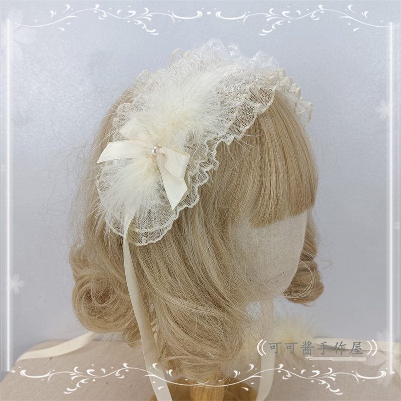 原创芭蕾兔小物 Lolita奶白色毛绒发饰边夹发箍KC 发带洛丽塔饰品