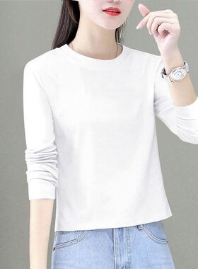 纯棉白色内搭打底衫女春秋宽松小个子高腰短款上衣长袖t恤女百搭