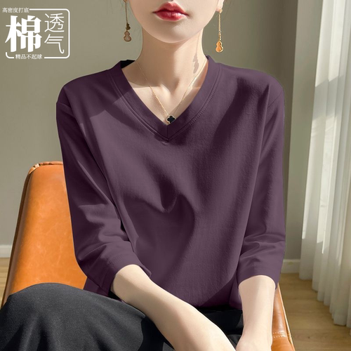 纯色新款夏季时尚百搭宽松七分袖T恤女圆领显瘦减龄大码短袖上衣