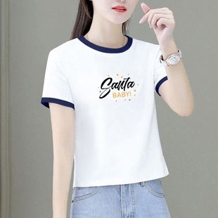 上衣服体恤 正肩拼接纯棉短袖 t恤女夏季 2024新款 宽松洋气减龄短款
