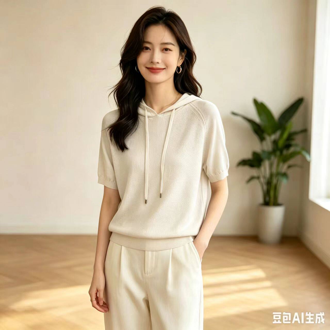 【思思粉丝专享】夏季新款含桑蚕丝短袖连帽女式针织衫N126
