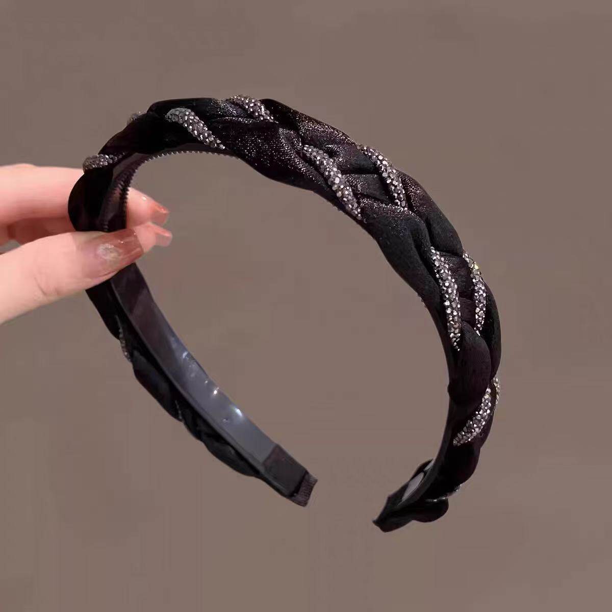 韩国发饰高级水钻麻花布艺发箍带齿黑色发卡压发捆春夏头箍高颅顶