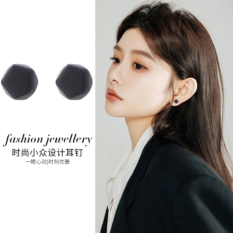 高级感黑色999纯银耳钉女