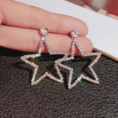 韩国东大门新款 镂空五角星水钻耳环简约百搭耳钉耳饰女925银针