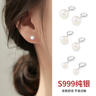 999纯银天然淡水珍珠耳钉弯钩款养耳洞耳环防掉睡觉不用摘银耳饰
