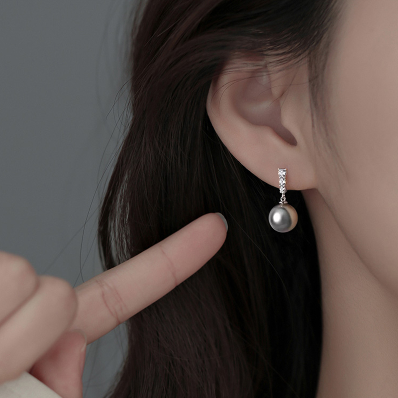 S999足银灰色珍珠耳钉女纯银轻奢高级感耳环大气质优雅满钻耳饰品
