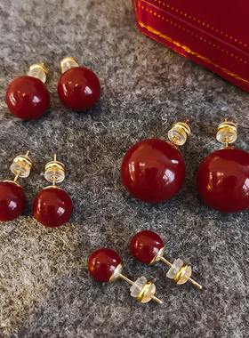 安可拉红珍珠耳钉女2025新爆款复古S999纯银针耳环养耳洞新年耳饰