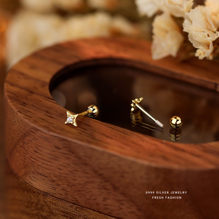 S999纯银四芒星耳钉女2025年新款气质螺丝拧扣耳骨钉睡觉免摘耳饰
