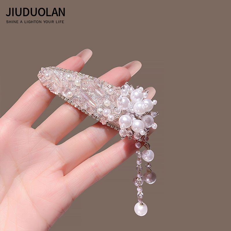 2025新款高端设计感珍珠流苏发卡侧边刘海夹前额碎发bb夹气质头饰