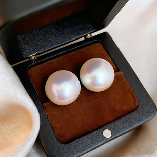 999纯银施家大号正圆珍珠耳钉2025爆款耳环高级感耳夹无耳洞耳饰