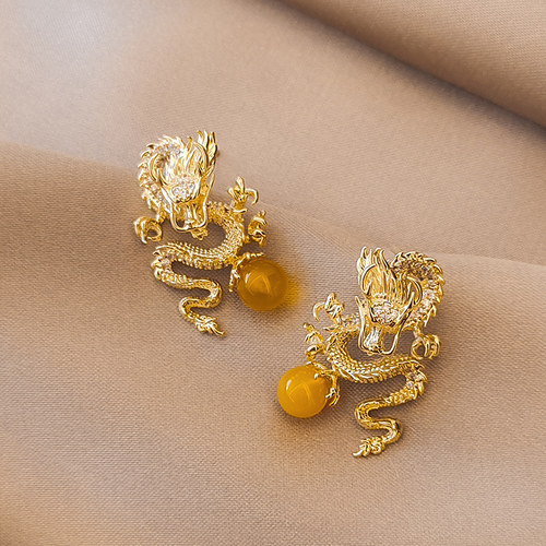 金龙戏珠2024龙年耳环中国风