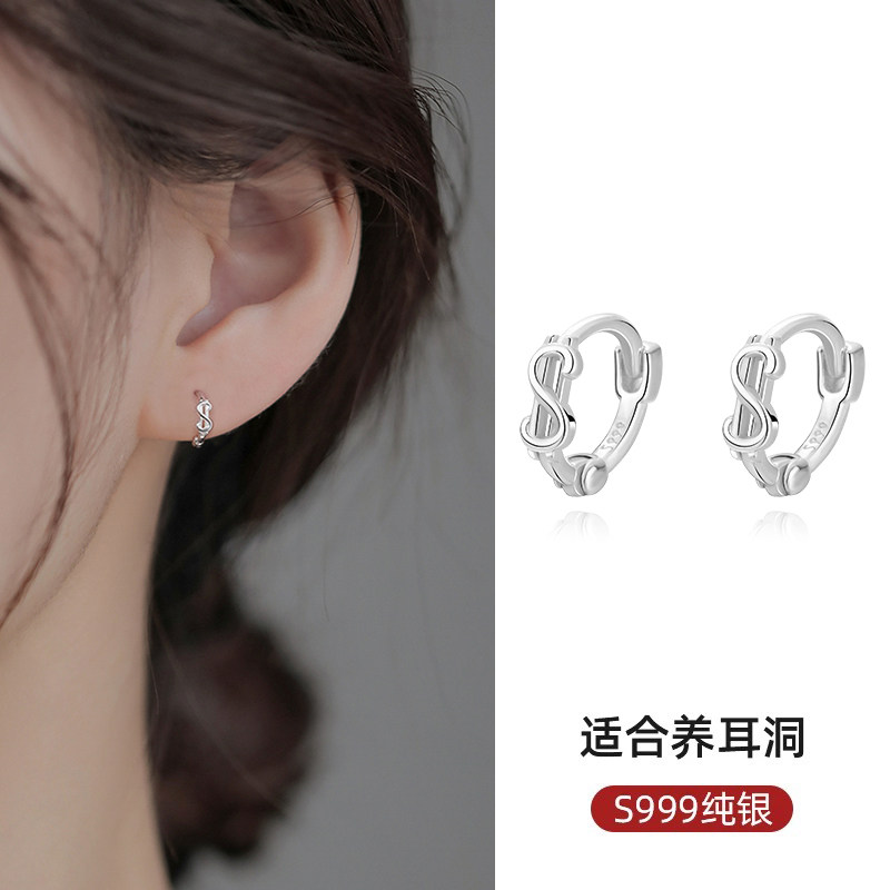 s999纯银钱多多耳钉女耳扣小众设计感耳圈夸张银耳饰个性素圈耳环