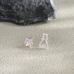 999纯银镂空猫咪养耳洞耳钉女ins风简约睡觉免摘耳环可爱百搭耳饰