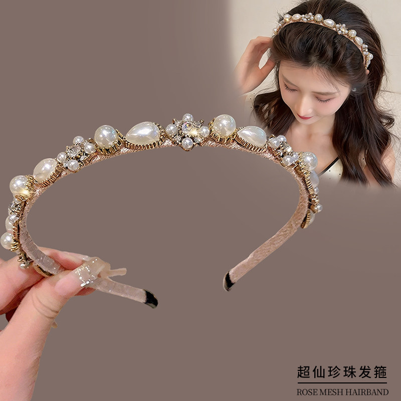 重工新款赫本风珍珠花朵发箍女