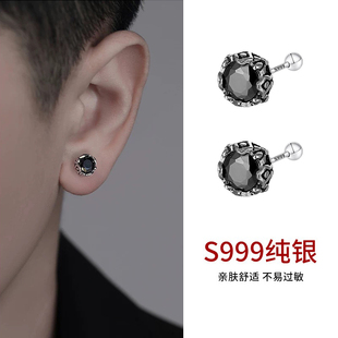 S999纯银美式复古耳钉男款高级感冷淡风小众个性痞帅黑色轻奢耳饰