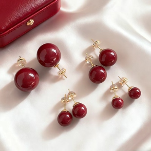 999纯银珍珠耳钉2025新款红色安可拉红耳环高级感耳夹无耳洞耳饰