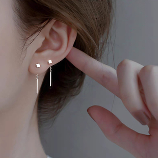 S999纯银方块耳钉女耳线养耳洞耳环2025新款气质耳饰睡觉免摘耳坠