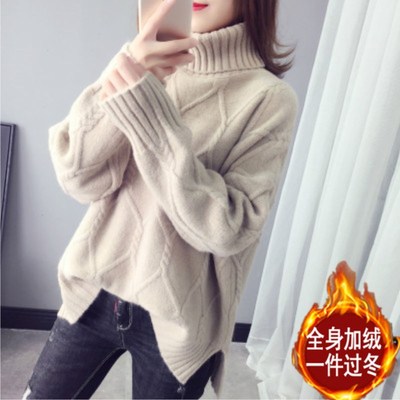 韩版宽松慵懒风加绒加厚外套套头高领毛衣女秋冬2024年新款打底衫