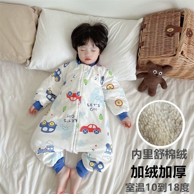 儿童秋冬季睡衣加绒加厚卡通熊猫中小童宝宝连体衣保暖睡袋家居服