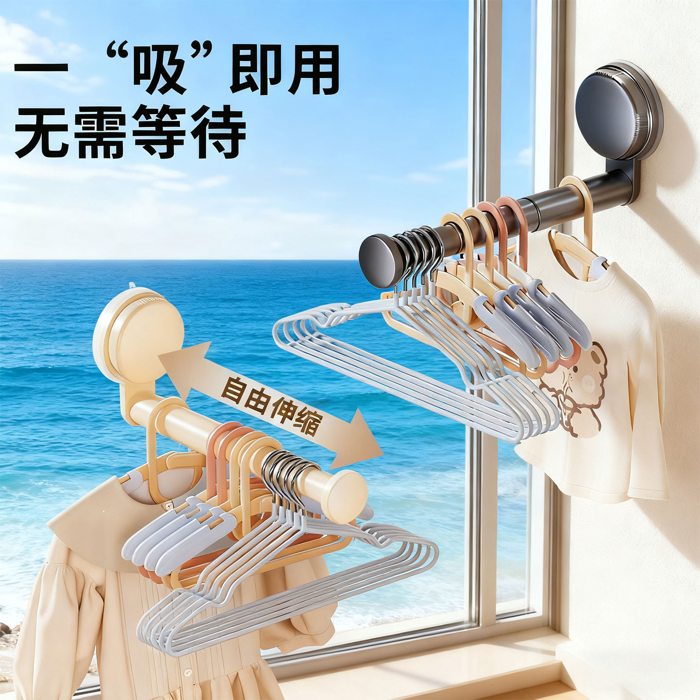 伸缩吸盘衣架收纳神器阳台免打孔