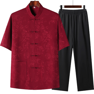 爸爸夏装短袖唐装中老年男休闲上衣老年人衣服60岁70爷爷冰丝套装