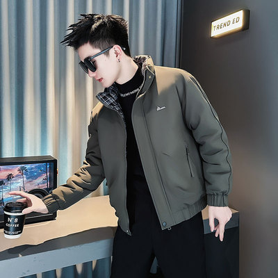 高级感休闲立领棉服男冬季加厚保暖格子外套潮牌痞帅短款修身棉衣