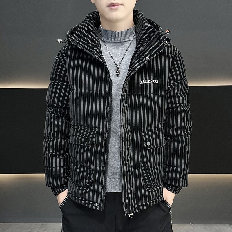 加厚冬季条纹棉服pu连帽上衣