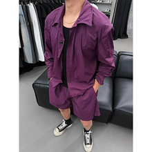 紫色超轻薄透气防晒衣套装男款夏季高级感痞帅风衬衫短裤一套搭配