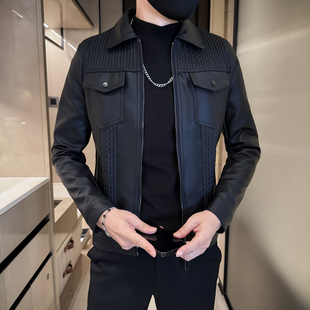 潮牌休闲百搭痞帅高级感PU皮男士 时尚 夹克 皮衣外套男翻领短款 秋季