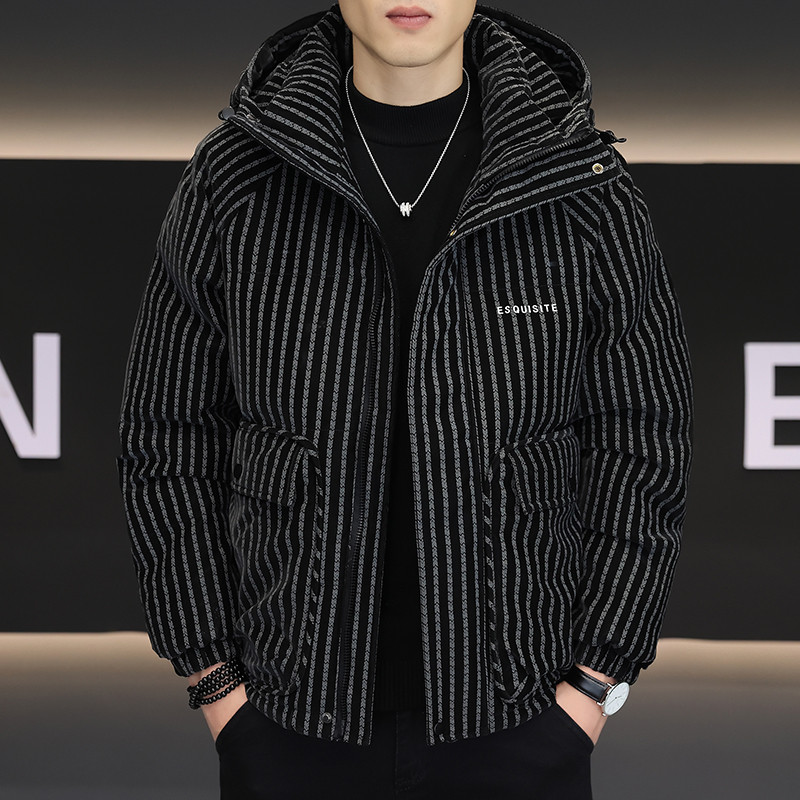 新款秋冬季加厚羽绒棉服男潮流条纹保暖防寒服冬装短款外套青年