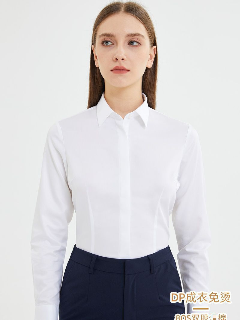 80S/DP成衣免烫女士长袖衬衫通勤OL棉女装暗门襟职业装纯色衬衣