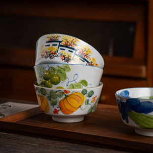 景德镇陶瓷手绘碗老陶泥创意米饭碗沙拉碗釉下彩5.3寸马蹄碗