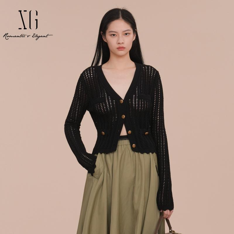 XG/雪歌显瘦黑色针织开衫女外套