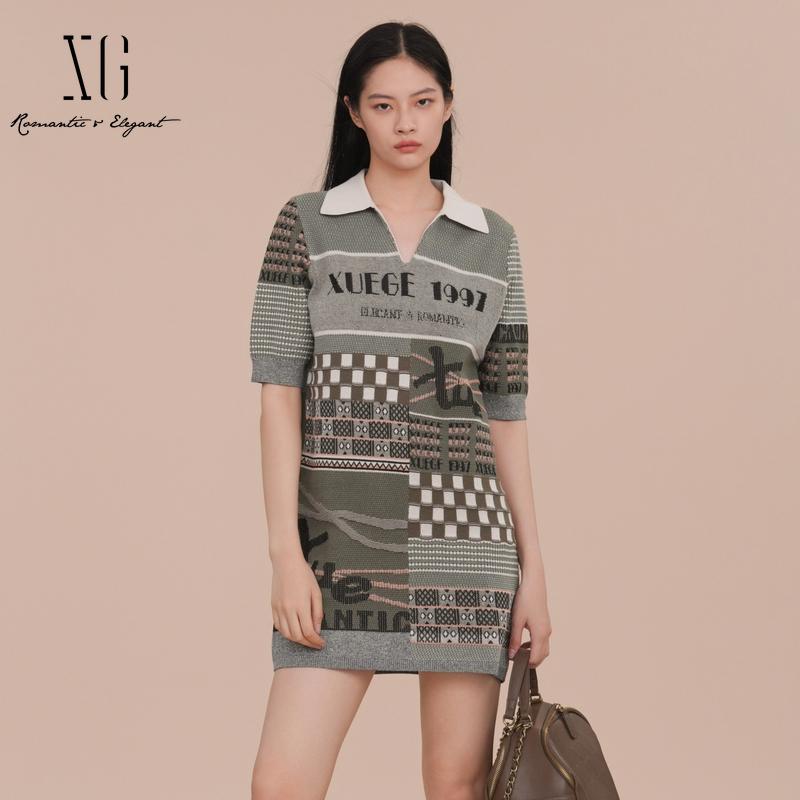XG/雪歌拼接短袖A字针织连衣裙