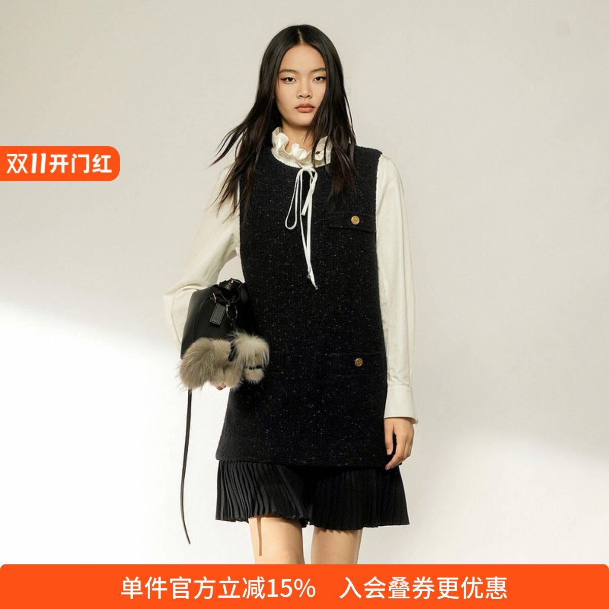 XG/雪歌优雅气质黑色背心连衣裙