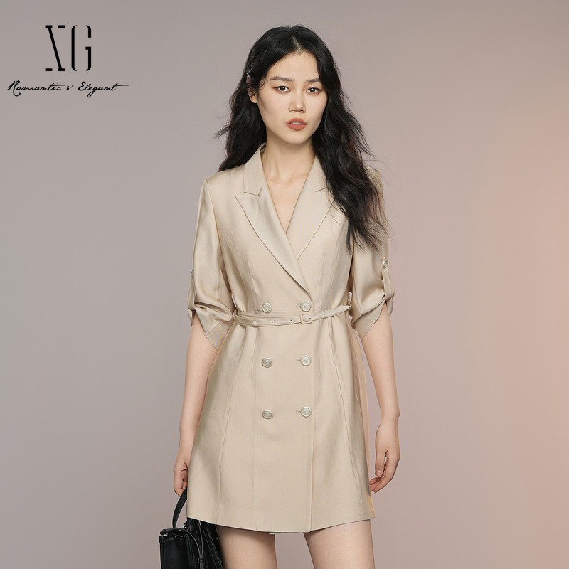 XG/雪歌西装领收腰通勤连衣裙