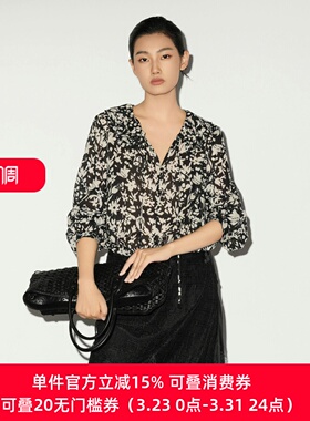 XG/雪歌26春法式设计感V领碎花衬衫女长袖雪纺衫女装XL121018B393