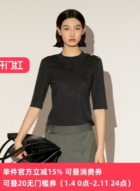 XG/雪歌26春季新款黑色五分袖圆领针织衫女修身上衣XL111034A384
