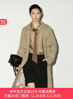 XG/雪歌26春款英伦风大翻领卡其色中长款风衣外套女XL108005A209