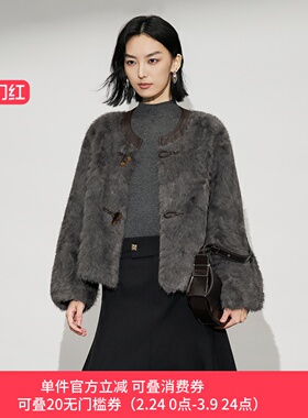 XG/雪歌25年冬季新款百搭圆领仿生皮毛一体女短外套XL407615A883