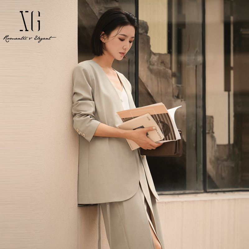 XG/雪歌V领西装外套女长袖上衣