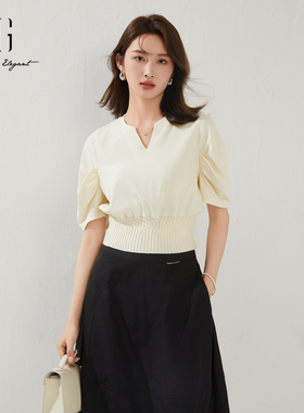 XG/雪歌米色V领套头收腰泡泡袖针织衫气质修身上衣XK201648A830