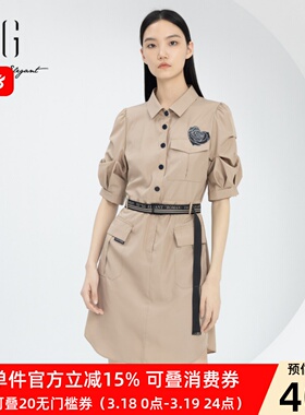 xg雪歌正品衬衫式连衣裙女短袖2024春季新款休闲中裙XJ104022A673