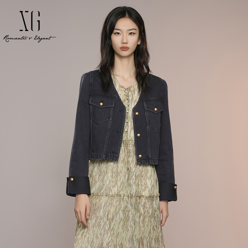 XG/雪歌V领黑色短款牛仔外套
