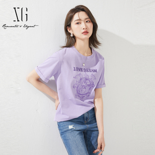 t恤显瘦宽松百搭上衣女XK201538A804 字母印花短袖 雪歌24夏新款
