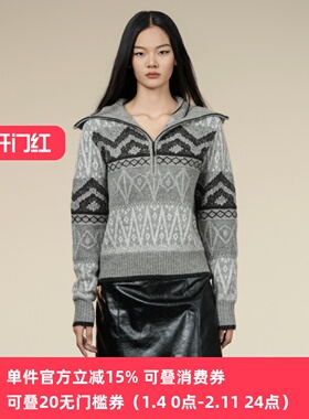 XG/雪歌2025年冬新款休闲百搭翻领提花套头针织衫女XK411059B784