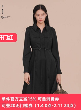 XG/雪歌2025春季新款翻领收腰抽绳衬衫长款连衣裙女XK104003A583